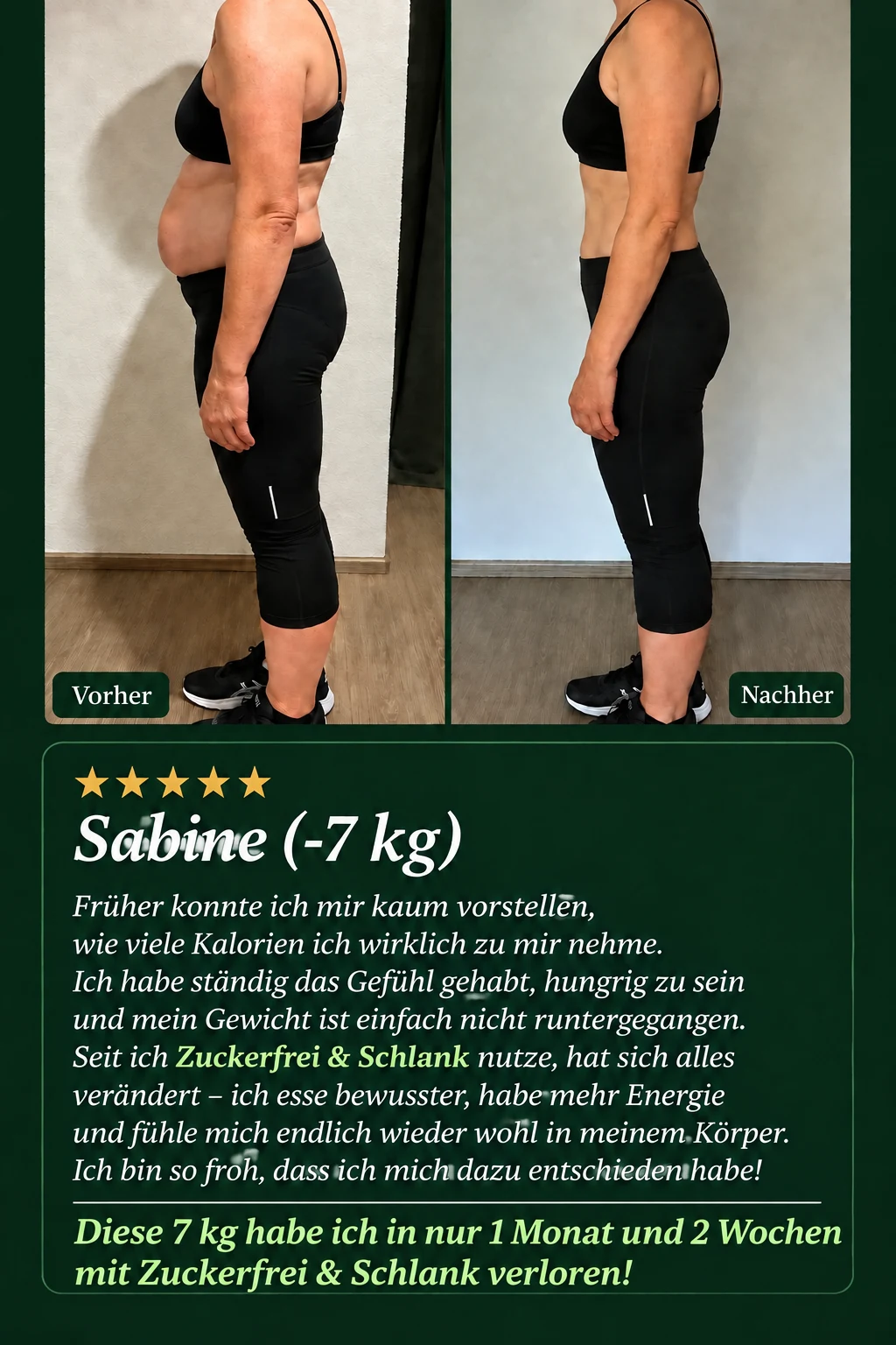 Sabine – Vorher/Nachher, minus 7 kg mit Zuckerfrei & Schlank